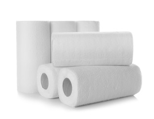 Rolls of paper towels on white background