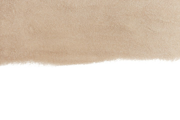 Fototapeta na wymiar Dry beach sand on white background, top view. Space for text