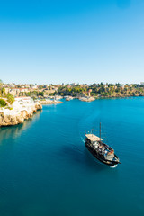 Fototapeta premium Tourist Cruise Boat Harbor Coast Antalya Turkey