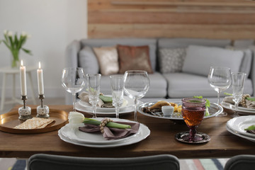 Festive Passover table setting at home. Pesach celebration