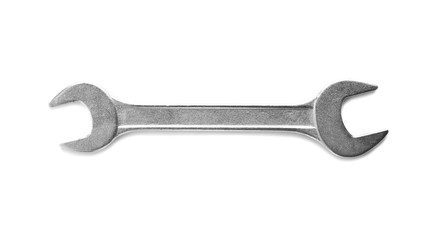 New wrench on white background, top view. Plumber tools