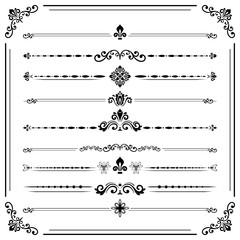 Vintage set of decorative elements. Horizontal separators in the frame. Collection of different ornaments. Classic patterns. Set of vintage black patterns