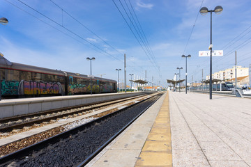 Fototapeta na wymiar Train station with blue skies in Faro Portugal