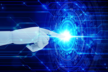 Robot hand touching virtual screen technology, Artificial Intelligence Technology Concept.