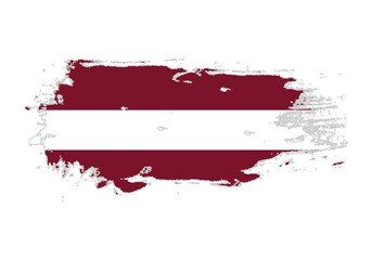 Grunge brush stroke with Latvia national flag. Watercolor painting flag. Symbol, poster, banner. Vector Isolated on white background.