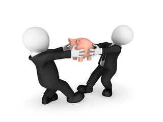 3d small business people fights for piggy bank.