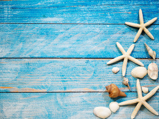 Marine objects, shells and starfish on wood