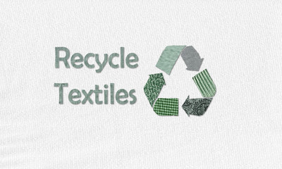Recycle clothes, recycle symbol with Recycle Textiles text made using reused material from old clothing, sustainable fashion concept