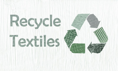 Recycle clothes, recycle symbol with Recycle Textiles text made using reused material from old clothing, sustainable fashion concept