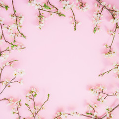 Floral frame of spring flowers isolated on pink background. Flat lay, top view