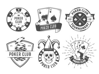 Vector poker club logos. Set of vintage badges with playing cards and chips for poker tournament or casino.