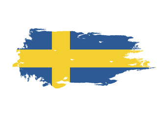 Grunge brush stroke with Sweden national flag. Watercolor painting flag. Symbol, poster, banner. Vector Isolated on white background.