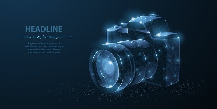 Camera. Abstract 3d polygonal wireframe modern professional camera isolated on blue.