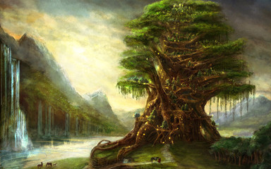 3d illustration fantasy graphic background of a huge tree with a lake