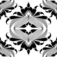 Ornamental black and white arabesque vector seamless pattern. White patterned background with arabic style  hand drawn ornament. Paisley flowers, leaves, grid, lace, lines, shapes. Ornate design