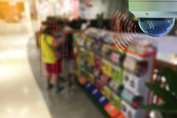 A Dome CCTV  infrared camera  technology 4.0 for look security area of people at shopping centre show signage with checking and counting people in red boxed security area