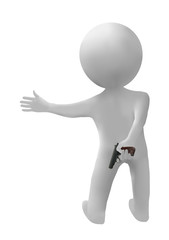 3d white man with a gun behind his back on a white background represents the danger on the road.