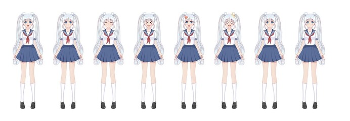 Fototapeta na wymiar Anime manga schoolgirl in sailor suit, blue skirt