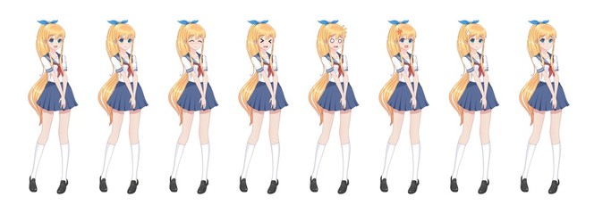 Anime manga schoolgirl in sailor suit, blue skirt