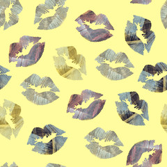 kissing marks with different color textures on a light yellow background