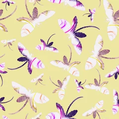 Stof per meter Vlinders abstracte libel met violette en witte textuur op een lichtbruine achtergrond