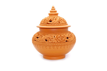 Casket : Thai traditional earthenware casket Isolated on white background. Beautiful Flowers carved earthenware from Thailand. Handmade pottery caskets for keep scented flowers and perfumes.