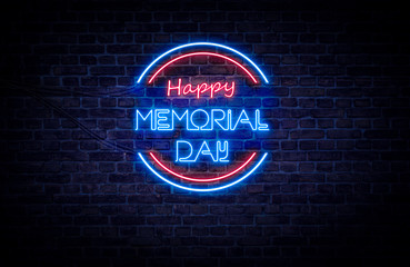 A red and blue neon light sign that reads: Happy Memorial Day