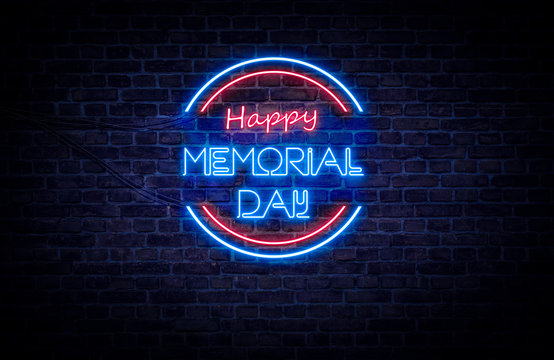 A Red And Blue Neon Light Sign That Reads: Happy Memorial Day