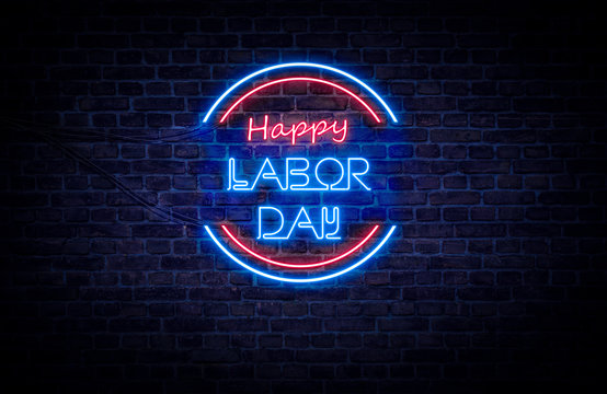 A red and blue neon light sign that reads: Happy Labor Day