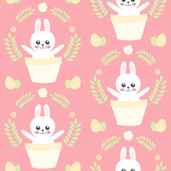 Happy Easter background vector. Cute seamless pattern with funny bunny in basket for kids egg hunt party. Sweet design for gift wrapping paper, poster, banner, flyer, greeting card, invitation.