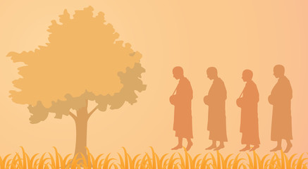 Buddhist monks with alms-bowl and a tree on orange background.
