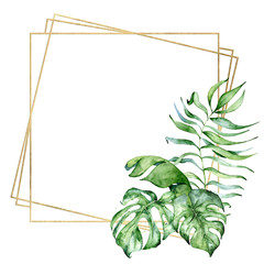 Gold polygonal frame with green tropical leaves