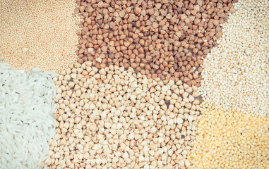 Vintage photo, Heap of white rice and various groats, healthy and gluten free food
