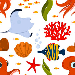 Underwater life postcard. Cute ocean animals and corals. Use for postcard, print, packaging, etc. - 256117534