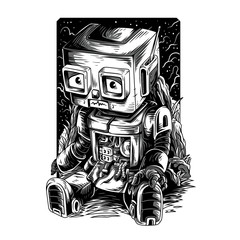 Damn Robot Remastered Black and white Illustration - obrazy, fototapety, plakaty