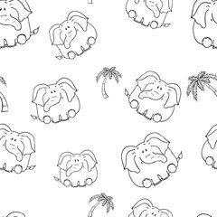 Vector seamless pattern with hand-drawn funny cute fat animals. Silhouettes of animals on a white background. Fun texture with elephant. Design concept for children print