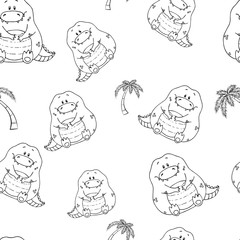 Vector seamless pattern with hand-drawn funny cute fat animals. Silhouettes of animals on a white background. Fun texture with crocodile. Design concept for children print