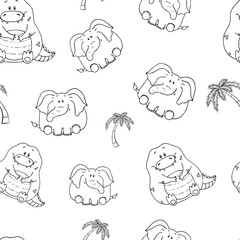 Vector seamless pattern with hand-drawn funny cute fat animals. Silhouettes of animals on a white background. Fun texture with elephant and crocodile. Design concept for children print