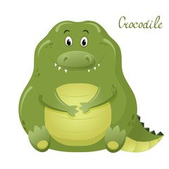 Funny vector greeting card with cute fat cartoon color crocodile. The concept of fun design for clothing and interior. Simple comic animal character