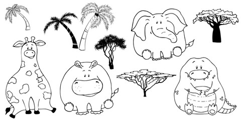 Hand drawn portrait of a cute funny fat animals. Set of isolated objects on white background. Vector illustration with giraffe, elephant, crocodile and hippo. Design concept for children print