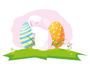 happy easter eggs painted with rabbit in the camp