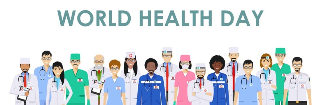 World Health Day. Medical concept. Detailed illustration of doctor and nurses in flat style isolated on white background. Practitioner doctors man and woman standing in different positions. Vector.
