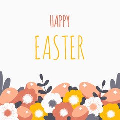 Happy Easter card April. Vector illustration contains hand drawn eggs and spring flowers on light background. Festive concept