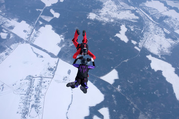 The team of two skydivers is training in the sky.