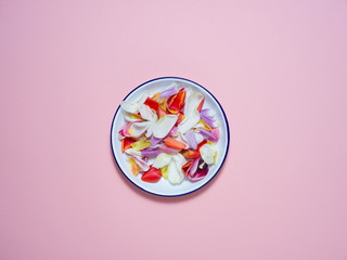 A white plate on a pink background with an Easter decoration.