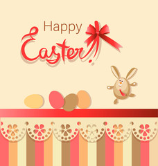 Festive Easter Bunny and colorful eggs. Happy easter. Poster, postcard with a funny character, bow and lace. Design for textiles, gift bags.