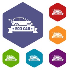 Eco car icons vector colorful hexahedron set collection isolated on white 