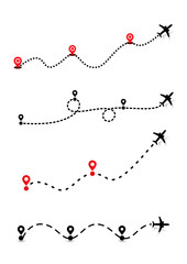 Set Of Airplane Flight Route. Flight Tourism Route Path. Travel Symbol. Starting Pin To Destination Point. Vector. Illustration. Isolated On White Background.