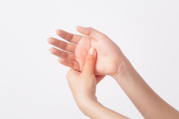 Acute hand pain of women on white background
