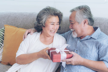 Happy love Elderly couple smiling Happy to receive surprise gifts, Senior couple old man and senior woman relaxing on sofa - lifestyle senior concept